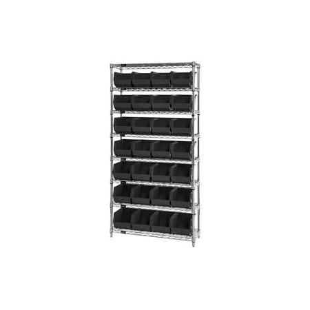 Global Industrial Chrome Wire Shelving w/ 28 Stacking Black Bins, 36inW x 12inD x 74inH, Gray 268926BK